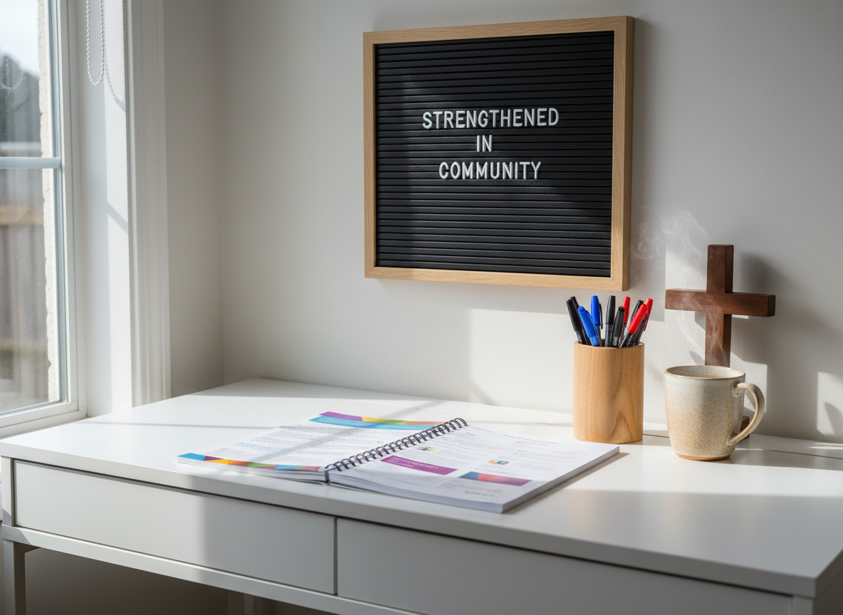 A clean, inviting home study space styled for Christian education: a white writing desk with a smooth matte surface, topped with an open spiral-bound discipleship curriculum, a wooden pen holder filled with neatly arranged pens, and a small wooden cross standing upright beside a ceramic mug of tea. On the wall behind, a letterboard reads “Strengthened in Community” in crisp white letters. Natural daylight from a nearby window casts soft, even light across the desk, with gentle shadows adding depth. Photographic realism with a modern, minimalist aesthetic, shot from a slightly elevated angle with rule-of-thirds composition, creates a focused, hopeful atmosphere of structured, faith-filled learning at home.