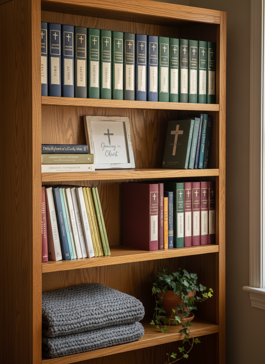 A sturdy wooden bookshelf lined with carefully arranged Christian discipleship resources, curriculum binders, and color-coded folders, each labeled with neat, legible tags like “Bible”, “History”, and “Character”. A simple framed print featuring a subtle cross and the words “Growing in Christ” leans against the back of the shelf. A soft gray knit blanket is folded on the lower shelf beside a small, potted ivy plant. Warm, diffused afternoon light from the right creates a gentle glow on the spines and a calm play of shadows. Captured in photographic realism from a slightly angled perspective with moderate depth of field, the mood is organized, peaceful, and professional, emphasizing intentional, Christ-centered home education.