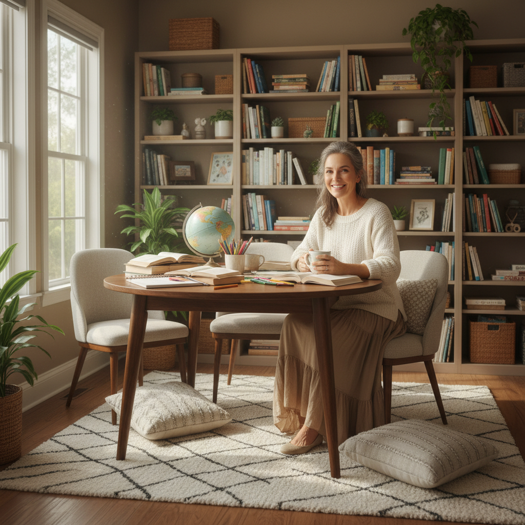 A clean, inviting home study space styled for Christian education: a white writing desk with a smooth matte surface, topped with an open spiral-bound discipleship curriculum, a wooden pen holder filled with neatly arranged pens, and a small wooden cross standing upright beside a ceramic mug of tea. On the wall behind, a letterboard reads “Strengthened in Community” in crisp white letters. Natural daylight from a nearby window casts soft, even light across the desk, with gentle shadows adding depth. Photographic realism with a modern, minimalist aesthetic, shot from a slightly elevated angle with rule-of-thirds composition, creates a focused, hopeful atmosphere of structured, faith-filled learning at home.