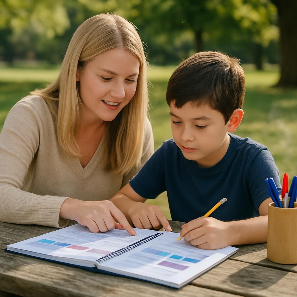 A clean, inviting home study space styled for Christian education: a white writing desk with a smooth matte surface, topped with an open spiral-bound discipleship curriculum, a wooden pen holder filled with neatly arranged pens, and a small wooden cross standing upright beside a ceramic mug of tea. On the wall behind, a letterboard reads “Strengthened in Community” in crisp white letters. Natural daylight from a nearby window casts soft, even light across the desk, with gentle shadows adding depth. Photographic realism with a modern, minimalist aesthetic, shot from a slightly elevated angle with rule-of-thirds composition, creates a focused, hopeful atmosphere of structured, faith-filled learning at home.
