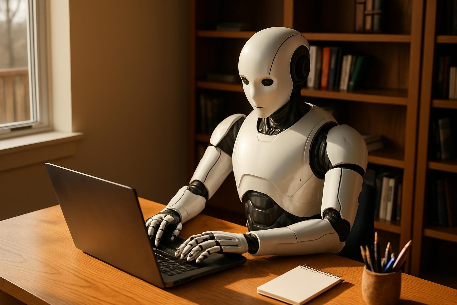 A circular wooden table arranged for a group discipleship discussion without any people present: multiple open Bibles, each with different colored ribbon bookmarks, surround a central centerpiece of a simple glass vase holding a few eucalyptus branches. A small stack of lined notepads and a cluster of pens in a ceramic holder suggest shared study. Warm golden-hour light streams in from the left, creating long, soft shadows and a welcoming glow on the wood grain. The background shows blurred built-in shelves with neatly stacked books and a subtle cross decor. Photographic realism with a slightly elevated, wide-angle view captures an atmosphere of community, unity, and shared faith in a home education setting.